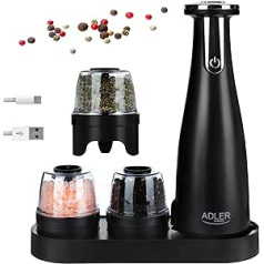 Adler Europe Electric Salt and Pepper Mill Set - Electric Salt and Pepper Mill - Electric Pepper Mill Black - Electric Salt Mill with Ceramic Core USB and LED