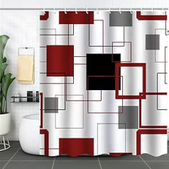 Dušas aizkaru raksts 180 x 200 cm, ģeometrisks režģa raksts Dušas aizkari vannas istabai ar C veida gredzeniem izgatavoti no poliestera, melni pelēki sarkani