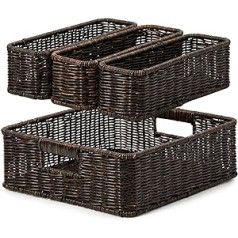 EZOWare Set of 4 Rattan Baskets, Wicker Baskets, Plastic Storage Box, Rattan for Drawers, Office, Bedroom, Wardrobe, Bathroom, 2 Sizes, Dark Brown