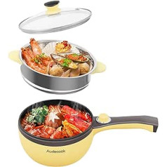 Audecook Electric Mini Hot Pot Pot Non-Stick Frying Pan Electric Pan with Glass Lid Multifunctional Hot Pot Suitable for Home, Travel and Camping Yellow