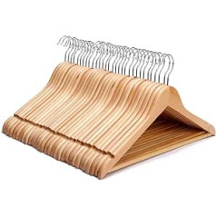 KEPLIN 20 Pack Heavy Duty Natural Wood Coat Hangers with 360 Degree Rotating Hook and Round Trouser Bar and Shoulder Notches, Durable, Space Saving, Suitable for Coat, Jacket, Suit, Sweater