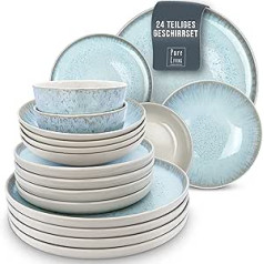 Ibiza Stoneware Crockery Set for 6 People, 24 Pieces, Mediterranean Crockery Set, Dishwasher, Microwave and Scratch Resistant, Bowl and Plate Set, Pure Living Dinnerware in Light Blue/Beige