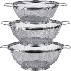 3 Pack 18/8 Stainless Steel Strainers (5 Quarter, 4 Quart and 3 Quart) Mesh Baskets with Handles and Storage Base for Straining, Drain, Rinse or Steaming