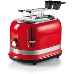 Ariete 149 Red Toaster 2 Slices Modern with Tongs, Automatic Ejection, Crumb Drawer, Defrost and Reheat Function, 6 Browning Levels, 800 W, Plastic