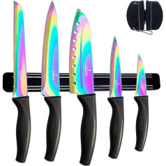 SiliSlick Messerset, 5 Scharfe Küchenmesser als Set | Titanbeschichtung mit Regenbogeneffekt, Inklusive Magnetleiste für Messer und Messerschärfer (Schwarzer Griff | Schwarze Leiste)