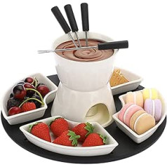 BSTKEY White Ceramic Chocolate Fondue Pot Set Cheese Ice Warmer 300ml Butter Fondue Set Tea Light Candle Fondue Pot with Wooden Palette and 4 Forks and 4 Bowls