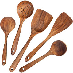 Aoosy Scratch-Resistant Kitchen Utensil Set, Set of 5, Japanese Style, Wooden Cooking Utensil Set with Wooden Spatula Spoon for Non-Stick Pans