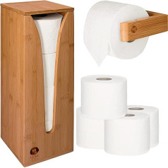 TAKE® Replacement Roll Holder Toilet Paper Storage [4 Rolls] + Wooden Toilet Roll Holder for the Wall - Space-Saving Toilet Paper Storage Made of 100% Natural Bamboo