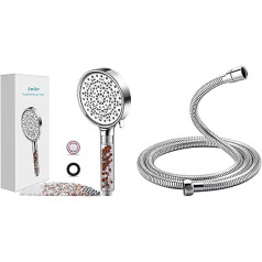 Amtier Water-Saving Shower Heads, Hand Shower Filter Mineral Stones and 6 Jet Types & GRIFEMA COMPLENTOS-G851 Shower Hose, Twist-Proof in Stainless Steel Look (150 cm)