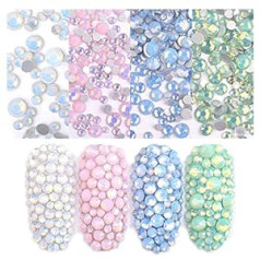 Sanbore Sanbor Opal Gel Nail Art 4 Pack Rhinestone Flatbacks apaļas krelles mirdzoši kristāli jaukti izmēri nagiem, piekariņiem, sejai, apģērbam, juvelierizstrādājumiem, rokdarbiem un rokdarbiem