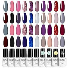 Rosalind 24 Pieces UV Nail Polish Set, 20 Colour Gel Nail Polish Nude Grey Black Dark Blue Dark Red Glitter Nail Polish Shellac Set Soak Off Gel Nail Polish with Top Base Coat and Matte Top Coat