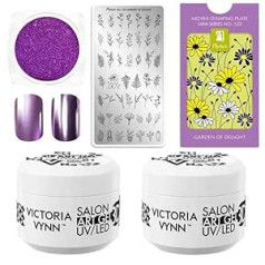 ‎Generic Victoria Vynn Powder Metallic Lilac & Art Gel 3D UV/LED krēmkrāsas balts komplekts ar Moyra zīmoga plāksni Mini 123 profesionālam nagu dizainam