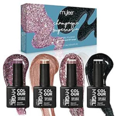 Mylee MYGEL by Mylee Glitter gēla nagu lakas komplekts 4 x 10 ml - UV/LED Soak Nail Art manikīra pedikīrs profesionālai, salona un mājas lietošanai - izturīgs un viegli lietojams