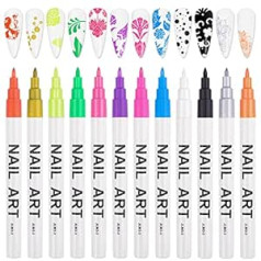 ‎Kalolary 12 krāsu 3D fluorescences nagu mākslas pildspalvu komplekts, Kalolary Nail Point Graffiti Doting Pen Drawing Painting Liner Brush for DIY Nail Art Pen Beauty Adorn Manikīra rīki