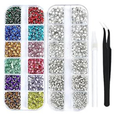 Myyko 4968 Nail Art Rhinestones Glass Crystals 6 Sizes (SS4-SS16) Nail Stones Flat Back Rhinestones for Crafts Diamond Stones Set with Pen and Tweezers (Mixed + White)