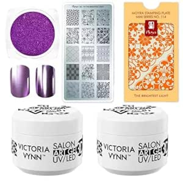 ‎Generic Complete Set for Nail Design: Moyra Stamp Set, 2 x Victoria Vynn Art Gel 3D White & Metallic Lilac Nail Pollen - Perfect for Creative Manicures