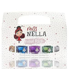 Miss Nella Room Collection metāla nagu laku komplekts pa 5: sudraba, violeta, zelta un zila, noņemama nagu laka bērniem, noņemama formula, uz ūdens bāzes un bez smaržas