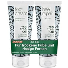 Tea Tree Oil Australian Bodycare Foot Care Duo no Australian Bodycare — pēdu krēms ar 10% urīnvielu un pret kalumus intensīvais krēms ar 25% urīnvielu — sausām pēdām, saplaisājušiem papēžiem, mīkstai, gludai ādai