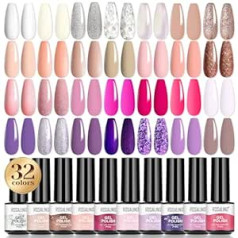 Rosalind UV Nail Polish Set, 32 Pieces Gel Nail Polish with Base Coat, Shiny Matte Top Coat Primer, 28 Colours, UV Nail Polish, White, Nude, Red, Pink, Purple, Brown, Shellac Nail Polish Gel for Nail