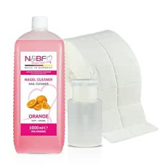 N&Bf Nails Factory N&BF All for One Nagu tīrīšanas līdzeklis ar apelsīnu aromātu 1000 ml + Dozatora sūkņa pudele (balta) + 1000 celulozes spilventiņi (2 ruļļi pa 500 gabaliņiem) 70% etanola spirts 1 litrs - gēla nagu tīrīšanas līdzeklis