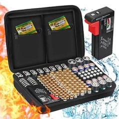 ENSOBO bateriju uzglabāšanas kaste, ugunsdroša pārnēsāšanas soma, bateriju kaste ar testeri, satur 148+ dažāda izmēra baterijas AAA, AA, 9V, C un D izmēram (akumulators nav iekļauts)