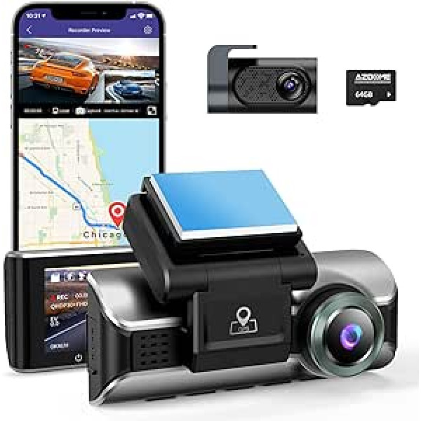 AZDOME 4K Dash Cam ar 5 GHz WiFi GPS automašīnas kameru priekšējā un aizmugurējā 4K + 1080P ar stāvvietas uzraudzību sadursmes noteikšanas G-sensora cilpas ierakstīšana 170° platleņķa objektīvs WDR 64G SD karte (M550Pro)