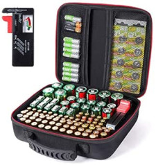 Battery Box, Battery Storage Box with Battery Tester, Battery Case Holds 104 Batteries of Different Sizes for AAA AA 9V C and D Size