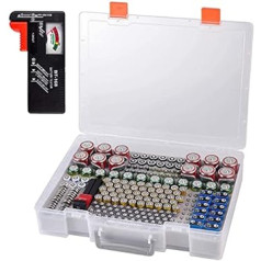 Battery Storage Box - Battery Storage Organiser with Battery Tester Battery Tester BT-618. Holds 225 Batteries for 9 V Block Batteries AA, AAA, C, D, 1.5 V - Transparent1