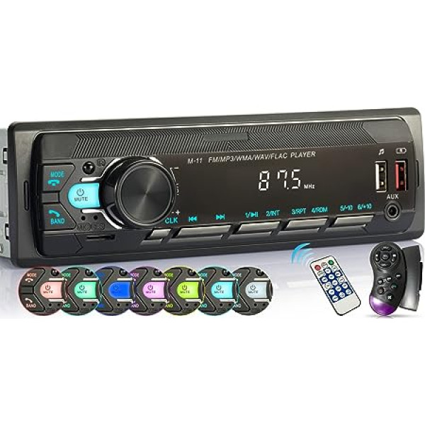 iFreGo 7 krāsu automašīnas radio ar Bluetooth brīvroku komplektu, 1 DIN radio Bluetooth USB/TF/MP3 atskaņotājs/AUX ieeja, FM radio ar stūres tālvadības pulti, RDS, ātrās uzlādes funkcija