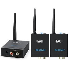 1Mii 3-in-1 Audio Transmitter Receiver, Wireless Transmitter and 2 Receivers, 2.4G Low Delay, 100 m Long Range from TV/PC to Active Speaker/Subwoofer/Stereo, RCA Output/Input