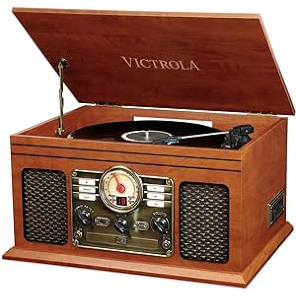 Victrola Nostalgic 6-in-1 Bluetooth-platenspieler und Multimedien-Center ar integriertem Lautsprecher| DREI Abspielgeschwindigkeiten, CD und Kassettenspieler, FM Radio | Mahagoni | VTA-200B-MAH-INT