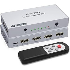 AVMTON HDMI Splitter HDMI Switch 4K 30 Hz, HDMI Splitter Remote Control, HDMI Switch 4K Automatic Switch, HDMI Switcher with Remote Control, HDMI Switch 5 in 1 Out with Remote Control, for Projector