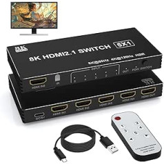 8K HDMI 2.1 Switch 4K 144Hz, HDMI Switch 5 in 1 Out with IR Remote Control, 5 Port HDMI Switcher Switch Car HDMI Selector 8K 60Hz