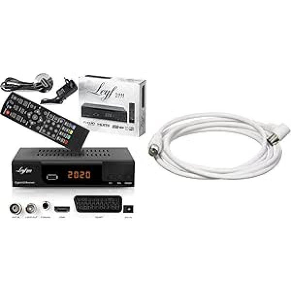 HD līnijas kabeļu uztvērējs digitālajai kabeļtelevīzijai DVB-C + HDMI kabelis (uztvērējs) un PremiumCord TV koaksiālās antenas kabelis 2 m, 75 omi, IEC no vīrieša līdz sievietei 90°, krāsa: balta