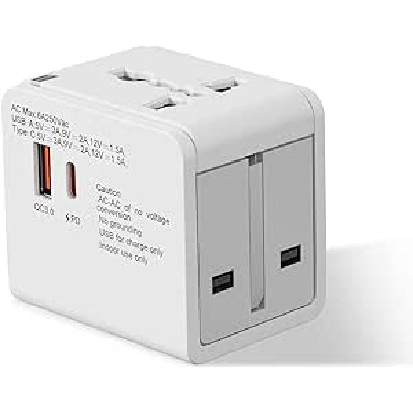 Ceļojumu adapteris visā pasaulē, universāls ceļojumu spraudnis ar 1USB-A, 1USB-C un 1AC ligzdu, USB C PD 18W ātrā uzlāde, starptautiskais kontaktligzdas adapteris Vācijai, ASV, Anglijai, Austrālijai (balts)