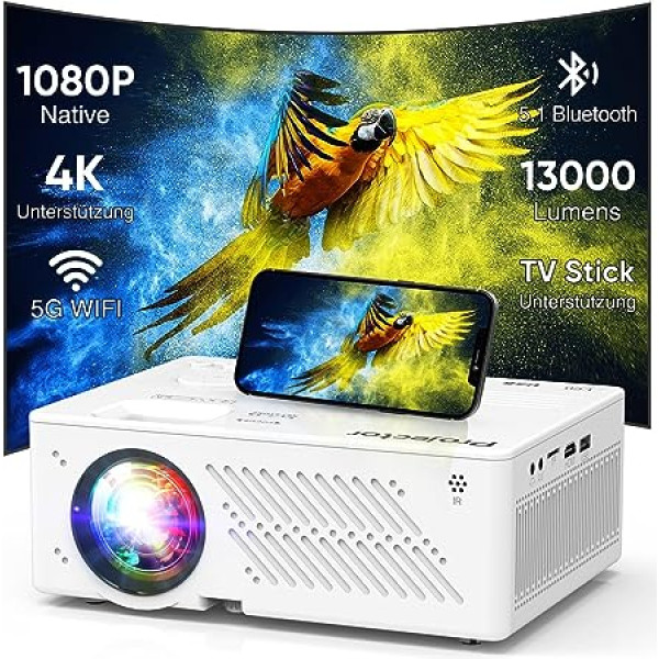 Vietējais 1080P 5G WiFi Bluetooth projektors, 350 ANSI 4K atbalsta filmu projektoru, pārnēsājams āra projektors ar ne vairāk kā 300 collu displeju, mājas kinozāles video projektors, kas saderīgs ar TV Stick, HDMI,