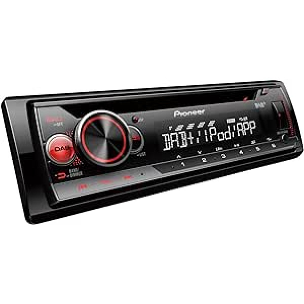 Pioneer DEH-S110UB 1DIN RDS automašīnas radio ar sarkanu pogu apgaismojumu, baltu displeju, Android atbalstu, 5 joslu ekvalaizeru, CD, MP3, USB, AUX ieeju, ar DAB+