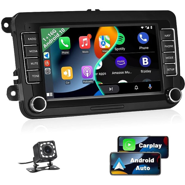 Podofo Android 10 Car Radio 2 DIN priekš VW Golf 5 6 Polo Seat Radio ar bezvadu Apple Carplay, 7 collu skārienekrāna automašīnas radio ar Bluetooth/Android Car/WLAN/GPS/RDS FM radio/Canbus + atpakaļgaitas kameru