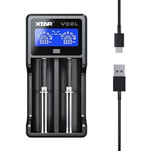 XTAR VC2L Akumulatora lādētājs USB C Jaunināts 18650 Ātrais lādētājs 2A 26650 Akumulatora lādētājs LCD displejs AA AAA baterijām CD akumulators (VC2L)