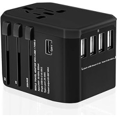 Ceļojumu adapteris visā pasaulē 224+ valstīs, ātrās uzlādes universālais ceļojumu adapteris ceļojumu spraudņa adapteris ar 4 USB pieslēgvietām + C tipa un maiņstrāvas ligzdas adapteris Universālais adapteris Vācijai ASV Anglijai Itālijai