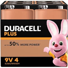 Duracell Plus 9V bloka sārma baterijas 6LR61, iepakojumā 4