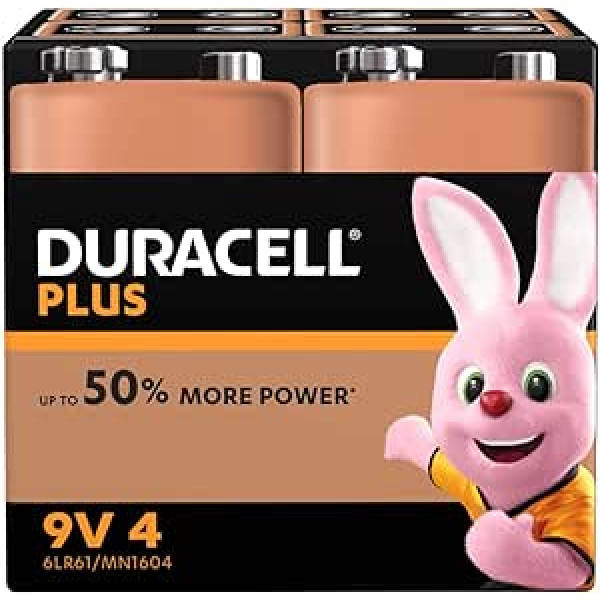 Duracell Plus 9V bloka sārma baterijas 6LR61, iepakojumā 4