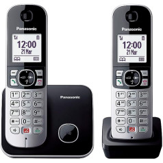 Panasonic KX-TG6852GB bezvadu tālrunis ar 2 klausulēm (līdz 1000 tālruņu numuriem, skaidrs fonta lielums, skaļš klausules iestatījums, pilna divpusējā brīvroku zvanīšana) Melns/sudrabs
