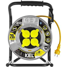 KEL Outdoor Cable Reel, 20 m, Extension Cable, IP44, 230 V/16 A, Drum with 4 x Protective Contact Sockets, Metal Cable Reels (3 x 1.5 mm²), Cable Reel with Thermal Protection Switch, Drum Cable