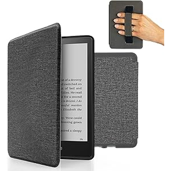 MyGadget futrālis Amazon Kindle Paperwhite 11. paaudzei (no 2021. gada — 6,8 collas) ar rokas siksniņu un automātiskās miega/pamošanās funkciju — pārvelkams futrālis gaiši pelēkā krāsā