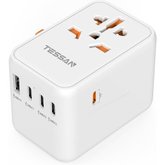 Tessan ceļojumu adapteris visā pasaulē 65 W USB C lādētājs, universāls ceļojumu spraudnis ar 1 USB, 3 USB C un 1 PD 65 W ātrā uzlāde, starptautiskais kontaktligzdas adapteris Vācijai ASV Anglijai Taizemes adapteris