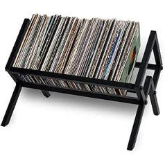 mosegor Vinyl Record Stand, Storage for 80-100 LPs, Decorative Vinyl Stand, Black Metal Record Shelf, Newspaper Rack, CD Shelf, DVD Stand