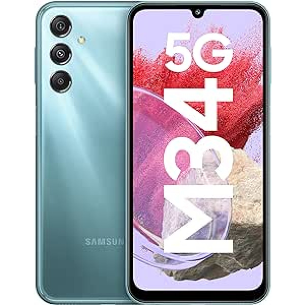 Samsung Galaxy M34 5G (Waterfall Blue, 6GB, 128GB), 120Hz SamOLED displejs, 50MP trīskāršs bez kratīšanas kamera, 6000mAh akumulators, 4Gen OS jauninājums un 5 gadu drošības atjauninājums, 12GB RAM ar RAM + Android 13,