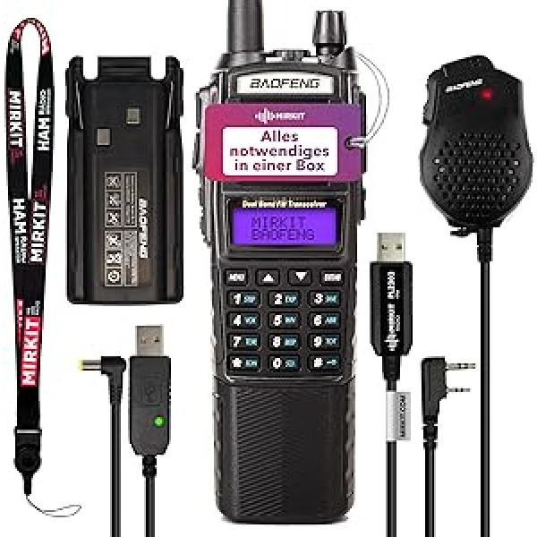 MIRKIT Full House Ham Radio Baofeng UV-82 MK5 Max Power ar 2800 mAh akumulatoru + Papildus Baofeng akumulators 3800 mAh, USB uzlādes kabelis, programmēšanas kabelis, plecu mikrofons. Divjoslu Baofeng radio