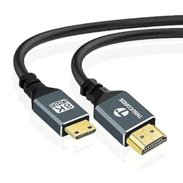 Thsucords īpaši plāns 8K 4K Mini HDMI uz HDMI kabelis 5 m, elastīgs, mīksts un plāns Mini HDMI 2.1 kabelis, ātrgaitas kabelis, 48 Gbps 4K @ 120 Hz, savietojams ar kameru, videokameru